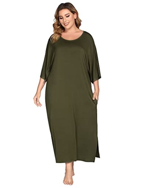Womens Round Neck/V Neck Loungewear Oversized Pajama Loose Pockets Long Sleep Dress Ekouaer Nightgown 