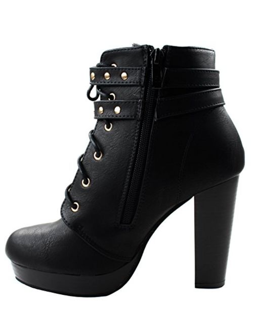 TOP Moda Women's Cici-1 High Heel Lace Up Ankle Boots Platform Booties with Studs