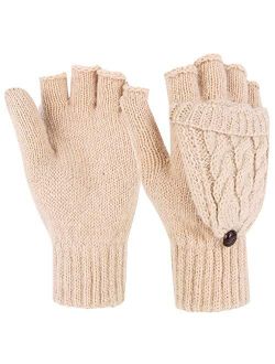 Novawo Women Winter Warm Wool Blend Knitted Convertible Gloves with Mitten Cover