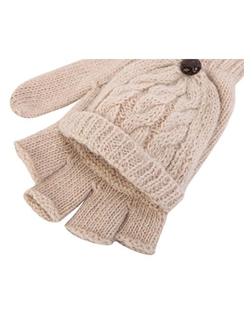 Novawo Women Winter Warm Wool Blend Knitted Convertible Gloves with Mitten Cover