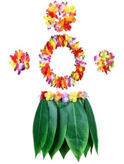 KEFAN Leaf Hula Skirt and Hawaiian Leis Set Grass Skirt with Artificial Hibiscus Flowers for Hula Costume and Beach Party
