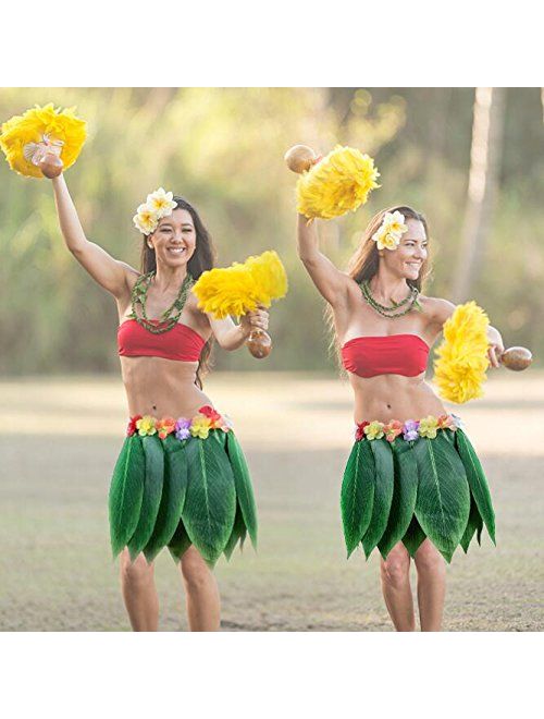 KEFAN Leaf Hula Skirt and Hawaiian Leis Set Grass Skirt with Artificial Hibiscus Flowers for Hula Costume and Beach Party