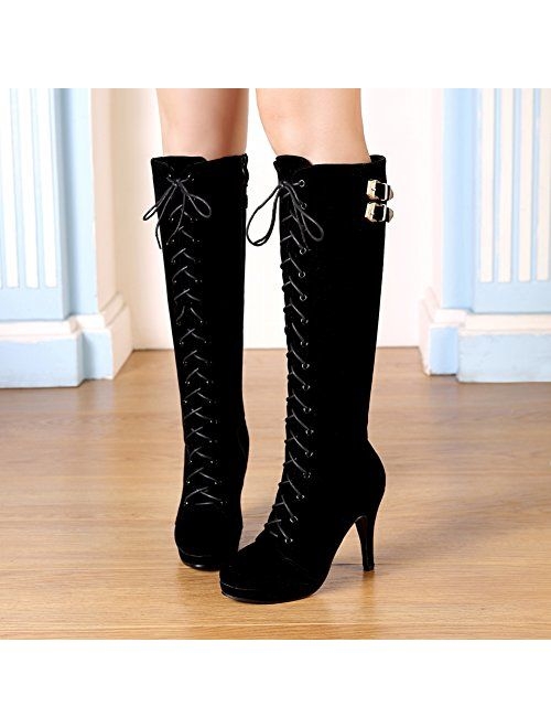 getmorebeauty Womens Suede Buckle Rock Lace Up Zipped Knee High Boots High Heel Boots