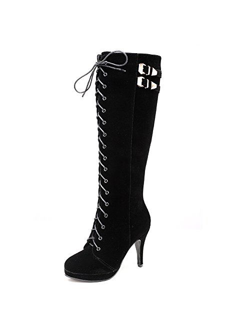 getmorebeauty Womens Suede Buckle Rock Lace Up Zipped Knee High Boots High Heel Boots