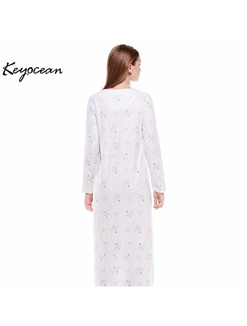 Keyocean Women Nightgowns Cotton, Soft Warm Lightweight Long-Sleeve Long Nightdress, Comfy Sleepwear Loungewear for Women