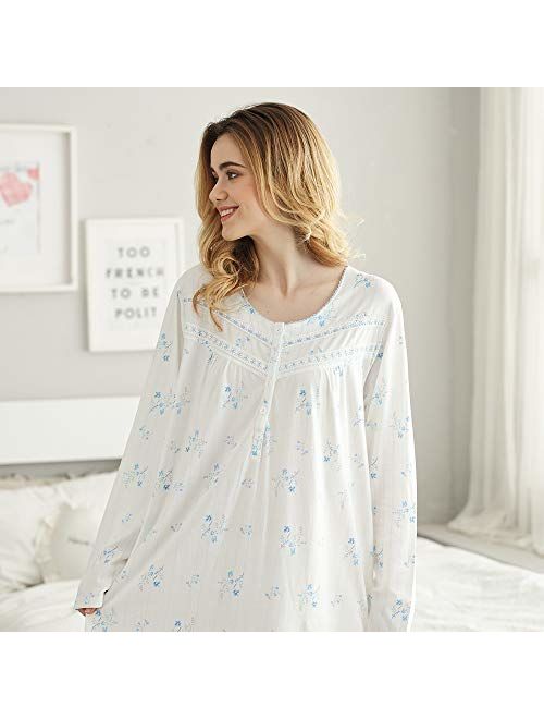 Keyocean Women Nightgowns Cotton, Soft Warm Lightweight Long-Sleeve Long Nightdress, Comfy Sleepwear Loungewear for Women
