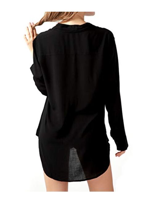 TOUSYEA Sleep Shirts for Women Button Down Shirts Long Sleeve Sleepwear Swimsuit Cover Ups Soft Pajama Tops