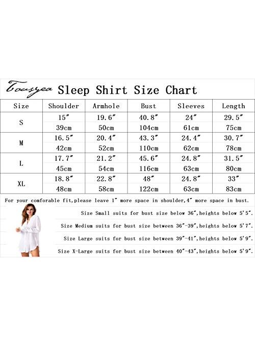 TOUSYEA Sleep Shirts for Women Button Down Shirts Long Sleeve Sleepwear Swimsuit Cover Ups Soft Pajama Tops