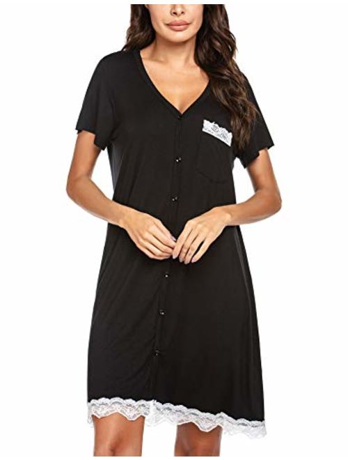 Ekouaer Women's Nightgown Striped Tee Short Sleeve Sleep Nightshirt with Front Pocket
