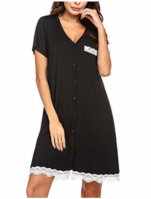 Ekouaer Women's Nightgown Striped Tee Short Sleeve Sleep Nightshirt with Front Pocket