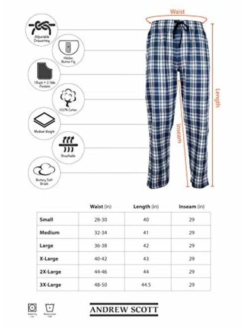 ANDREW SCOTT Men's 4 Pack 100% Cotton Flannel Pajama Sleep Pant - Lounge Pants