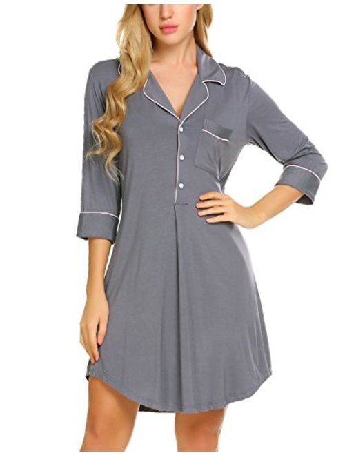 Ekouaer Nightgown Button Down Nightshirt Short Sleeve & 3/4 Sleeve Pajama Top Boyfriend Sleepshirt Nightdress for Women
