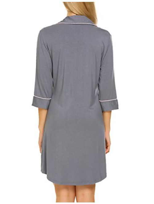 Ekouaer Nightgown Button Down Nightshirt Short Sleeve & 3/4 Sleeve Pajama Top Boyfriend Sleepshirt Nightdress for Women