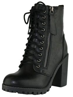 Cambridge Select Women's Closed Round Toe Lace-Up Chunky Heel Moto Combat Boot