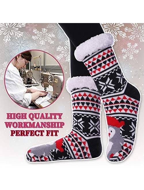 Womens Sherpa Winter Fleece Lining Knit Animal Socks Non Slip Warm Fuzzy Cozy Slipper Socks