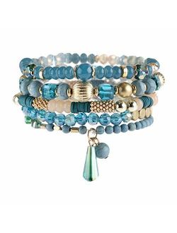 Bohemian Mix Bead Multi Layer Versatile Statement Bracelets - Stackable Beaded Strand Stretch Bangles Sparkly Crystal, Tassel Charm