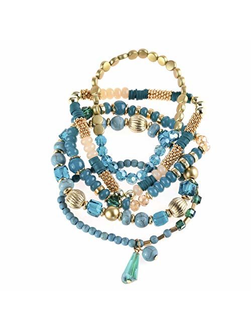 RIAH FASHION Bohemian Mix Bead Multi Layer Versatile Statement Bracelets - Stackable Beaded Strand Stretch Bangles Sparkly Crystal, Tassel Charm