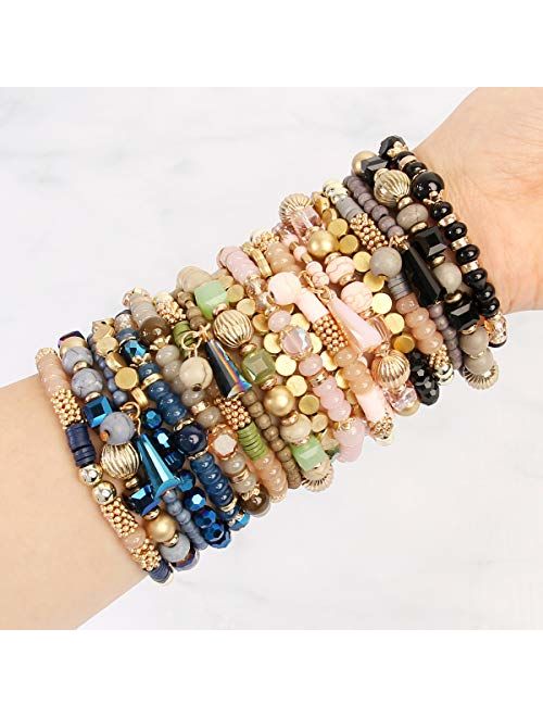 RIAH FASHION Bohemian Mix Bead Multi Layer Versatile Statement Bracelets - Stackable Beaded Strand Stretch Bangles Sparkly Crystal, Tassel Charm