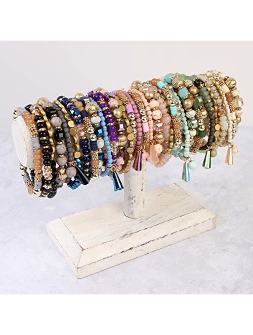 RIAH FASHION Bohemian Mix Bead Multi Layer Versatile Statement Bracelets - Stackable Beaded Strand Stretch Bangles Sparkly Crystal, Tassel Charm