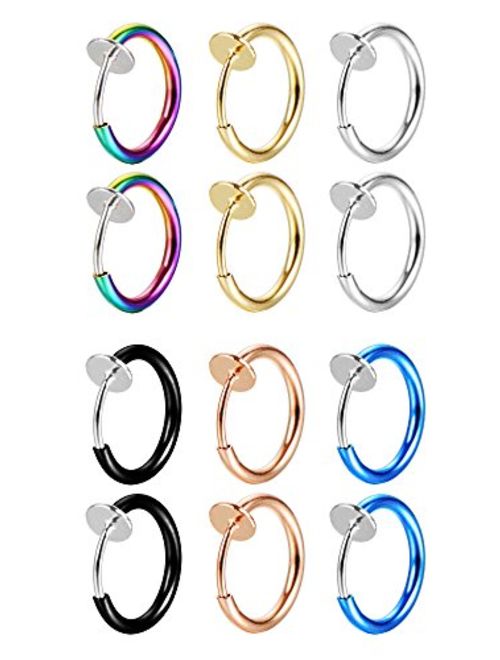 Mudder 12 Pieces Fake Earrings Nose Ear Lip Clip Rings Non-Pierced Earring Hoops Body Jewelry for Men and Women, 6 Colors