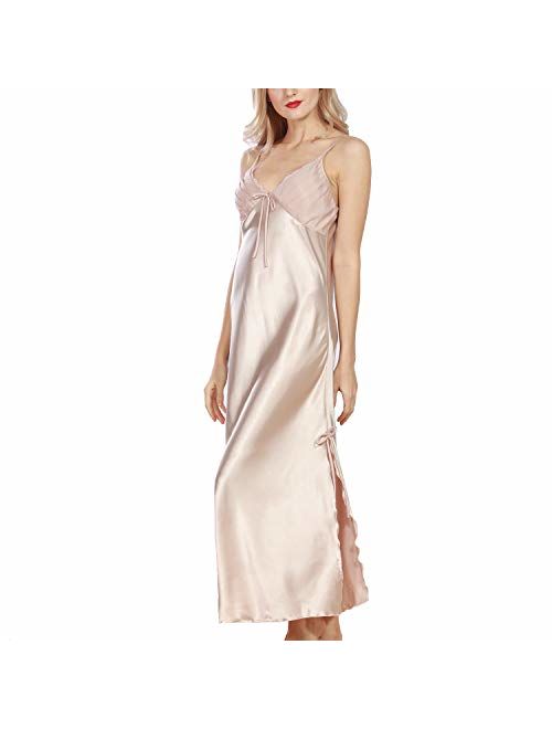 Lu's Chic Women's Satin Nightgown Dress Silk Lace Sleeveless Long Chemise Lingerie Sleepwear