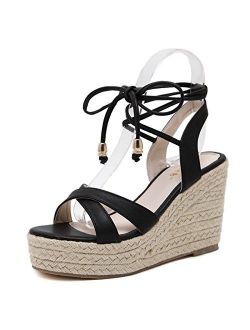 MAKEGSI Womens Jute-Rope Middle Wedge Heel Summer Shoes Flip Sandals Lace Up