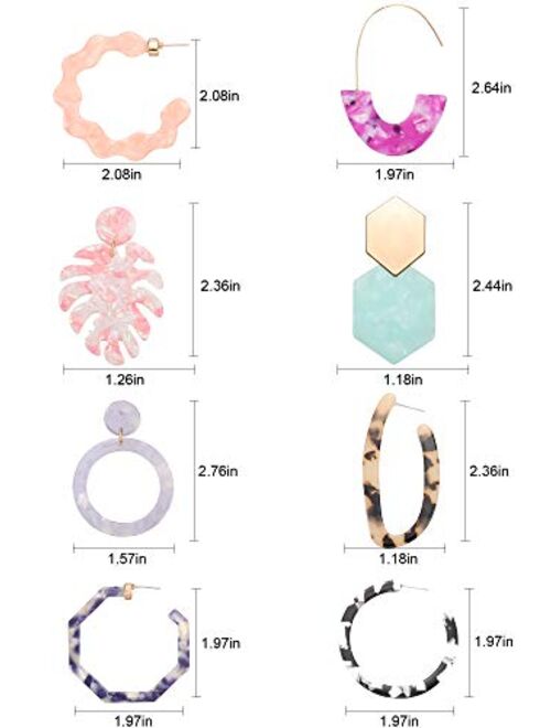 8 Pairs Mottled Acrylic Hoop Earrings Resin Statement Drop Dangle Earrings Polygonal Bohemian Fashion Jewelry Earrings for Women Girls