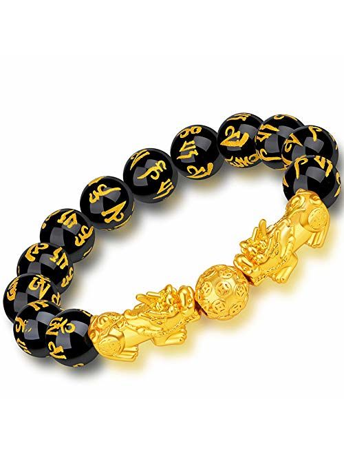 Feng Shui Amulet Bracelet Prosperity 12mm Mantra Bead Bracelet with Double Gold Plated Pi Xiu/Pi Yao Attract Lucky and Wealthy Bangle