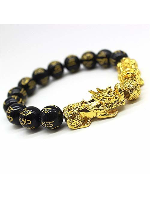 Feng Shui Amulet Bracelet Prosperity 12mm Mantra Bead Bracelet with Double Gold Plated Pi Xiu/Pi Yao Attract Lucky and Wealthy Bangle