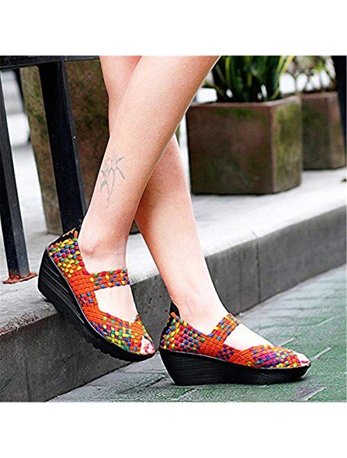 EnllerviiD Women Wedge Mary Jane Sandals Closed Toe Weave Platform Heel Sandals Shoes
