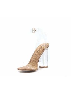 Maria-2 Clear Chunky Block High Heels for Women, Transparent Strappy Open Toe Shoes Heels for Women