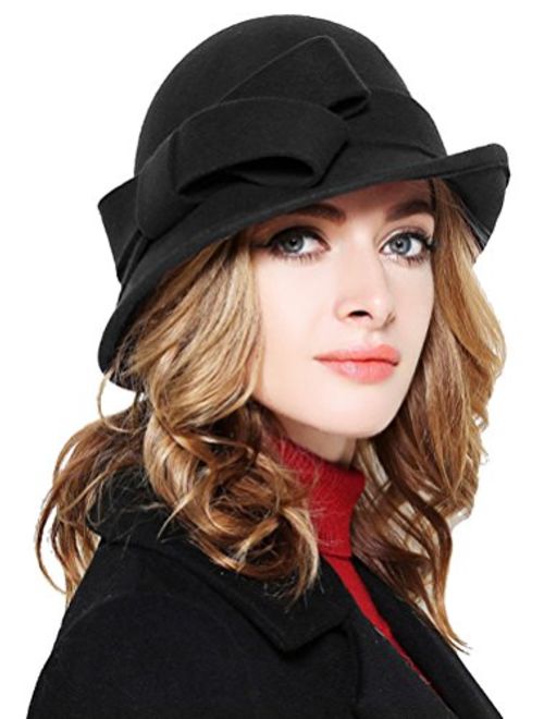 Bellady Women Solid Color Winter Hat 100% Wool Cloche Bucket with Bow Accent