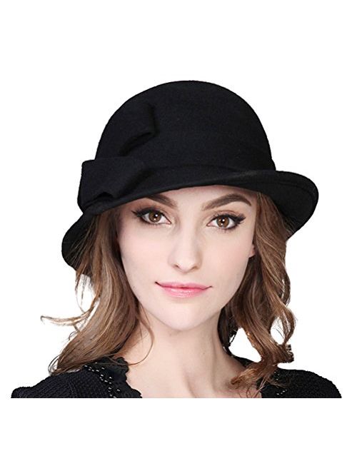 Bellady Women Solid Color Winter Hat 100% Wool Cloche Bucket with Bow Accent