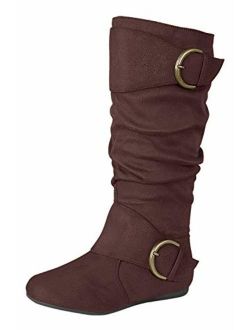Link Women's Closed Round Toe Buckle Slouch Flat Heel Mid-Calf Boot