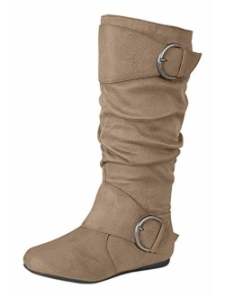 Link Women's Closed Round Toe Buckle Slouch Flat Heel Mid-Calf Boot
