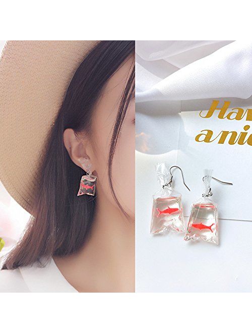 Funny Fish in Bag Earrings, Unique Acrylic Resin Dangle Earrings Gift for Girls Women
