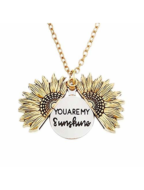 Sunflower Locket Necklace You are My Sunshine Engraved Pendant Necklace for Women Girls with Nice Gift Box