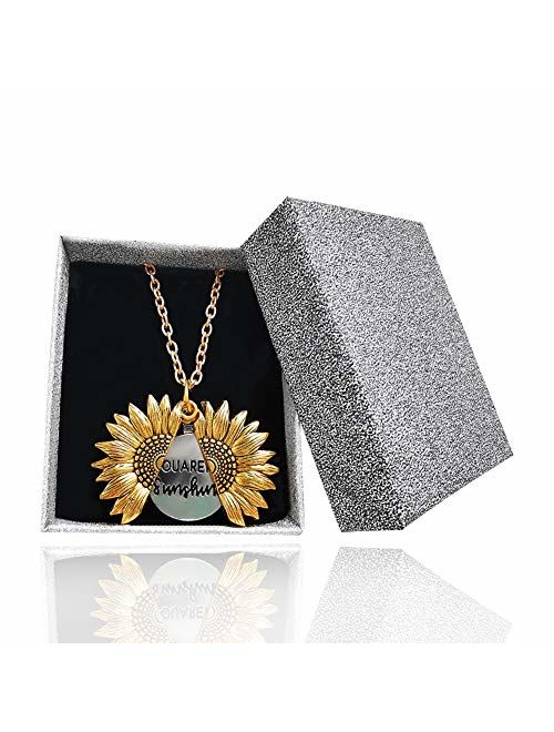 Sunflower Locket Necklace You are My Sunshine Engraved Pendant Necklace for Women Girls with Nice Gift Box