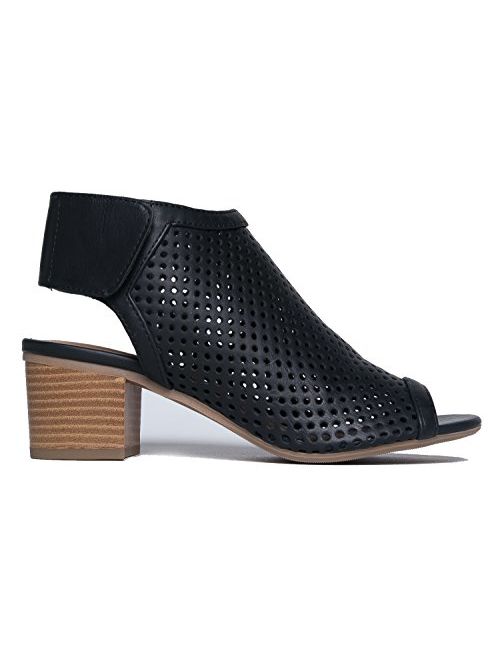 J. Adams Maddie Cutout Bootie - Adjustable Band Slip On Low Stacked Heel Shoes