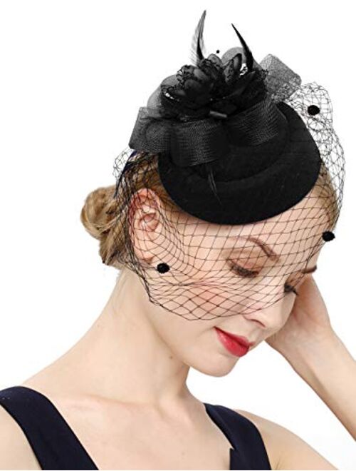 Cizoe Fascinator Hair Clip Pillbox Hat Bowler Feather Flower Veil Wedding Party Hat Tea Hat