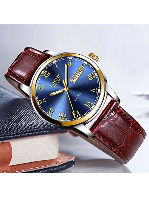 Men's Sport Quartz Watch Roman Numeral Fashion Analog Luminous Wristwatch with Calendar Date,Waterproof 30M Water Resistant Comfortable Leather Watches Brown