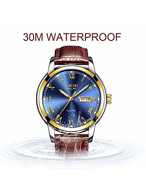 Men's Sport Quartz Watch Roman Numeral Fashion Analog Luminous Wristwatch with Calendar Date,Waterproof 30M Water Resistant Comfortable Leather Watches Brown