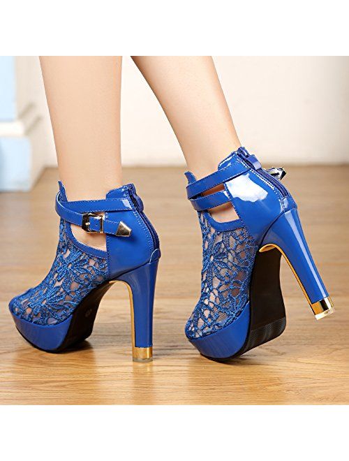 getmorebeauty Women's Pretty Lace Flowers Open Toes High Heels Ankle Boots