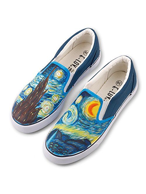 ElovForU White Black Slip On Low Top Canvas Shoes Loafers Hand Painted Women Sneakers