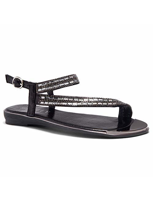 Herstyle Talluto Women's Rhinestone Bohemian Slip On Flip Flops Shoes Strap Gladiator Toe Loop Flat Sandals