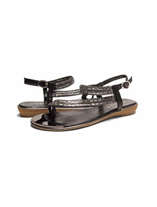 Herstyle Talluto Women's Rhinestone Bohemian Slip On Flip Flops Shoes Strap Gladiator Toe Loop Flat Sandals