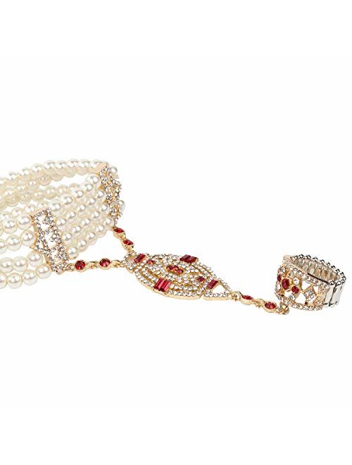 Metme 1920s Gatsby Accessories Imitation Pearls Rhinestone Bracelet Adjustable Ring Set