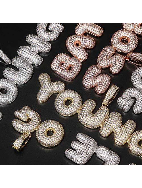 HECHUANG Hip Hop Jewelry Iced Out Bling Custom Bubble Letter Pendant Gold Rope Chain Initial Necklace Women Men