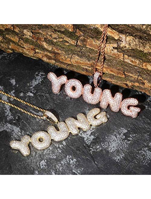 HECHUANG Hip Hop Jewelry Iced Out Bling Custom Bubble Letter Pendant Gold Rope Chain Initial Necklace Women Men