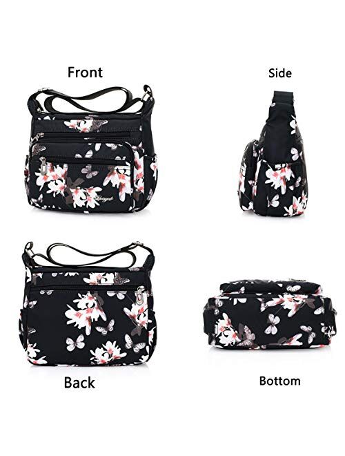Nawoshow Nylon Floral Multi-Pocket Crossbody Purse Bags for Women Travel Shoulder Bag